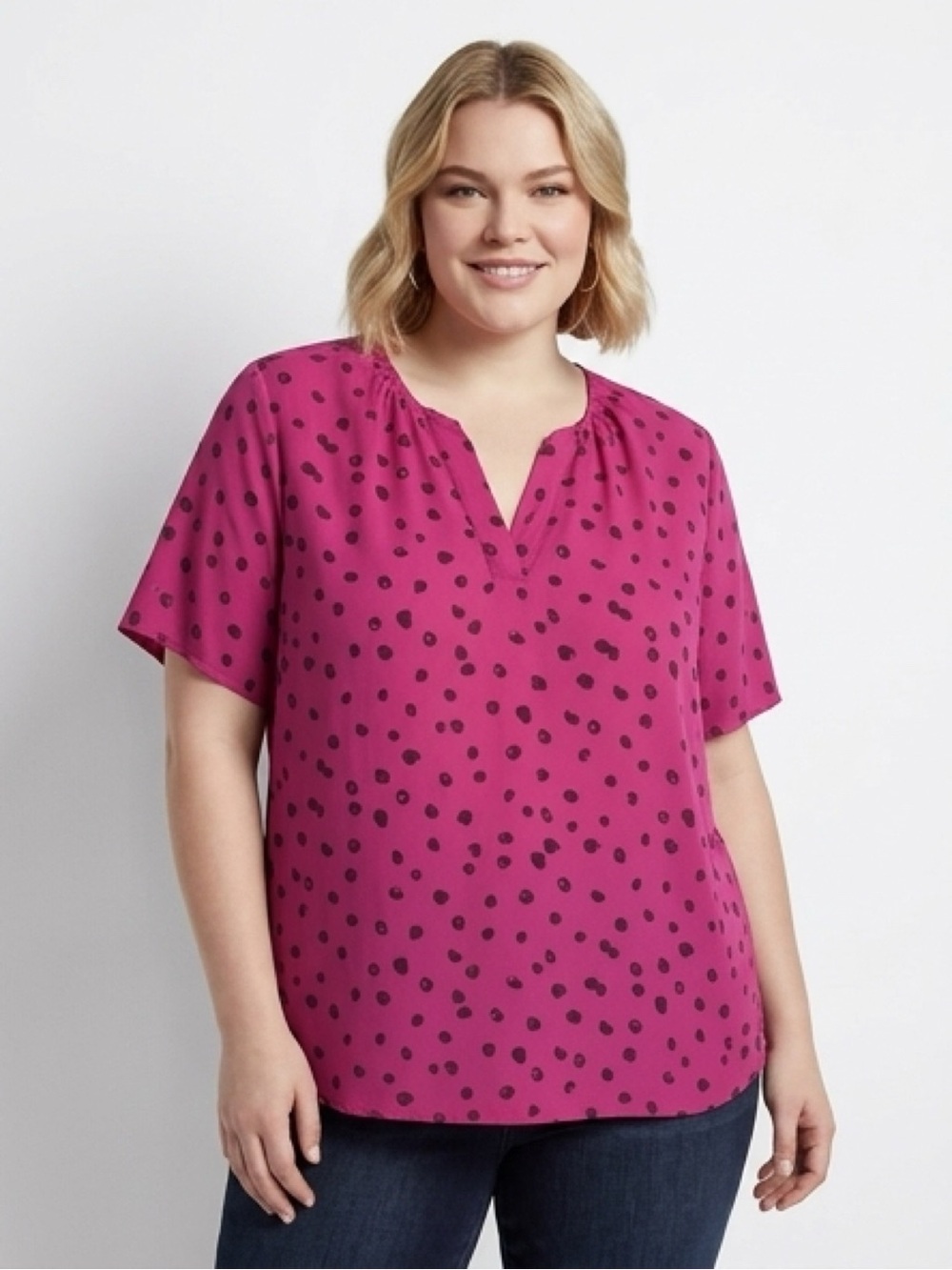Lane Bryant Magenta Polka Dot Split-Neck Blouse